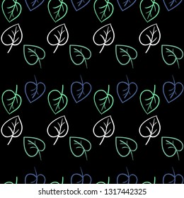 Leaves seamless pattern. Hand drawn green white line art on flat black background. Doodle brush, pen, marker illustration. Scribble ornament backdrop.