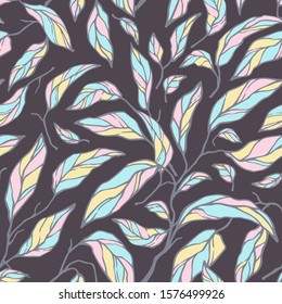 Leaves seamless pattern. Hand drawn vector foliage texture in pastel colors for print and textile. Fashion colorful nature pattern with linear leaf elements on dark background.