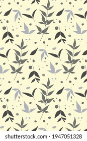Leaves seamless pattern, hand drawn natural branches in shades of grey. Light yellow background is easy to change. Vector