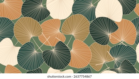 Leaves Seamless Pattern Hand Drawn Line Art Style. Tropical Leaves Background. Floral Wallpaper. Botanical Design for Prints, Surface, Home Decoration, Fabric. Vector Illustration. Not AI