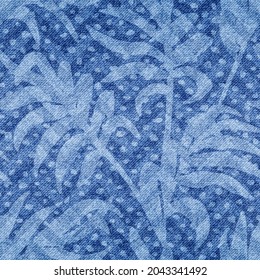 Leaves seamless pattern. Leaf background. Repeated tropical texture. Denim checked printed. Repeating blue marks pattern. Fade effect printing. Checks patern for design gift wrappers, prints. Vector 