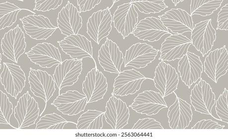 Leaves Seamless Pattern with Line Art Leaf. Minimalistic Leaves Background. Floral Wallpaper. Botanical Design for Prints, Surface, Home Decoration, Fabric. Vector Illustration. Not AI