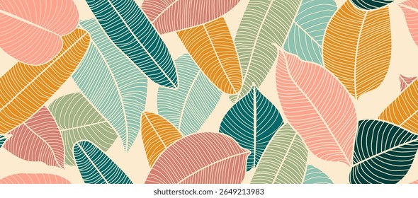 Leaves Seamless Pattern Line Art Style. Hand Drawn Tropical Leaves Background. Floral Wallpaper. Botanical Design for Prints, Surface, Home Decoration, Fabric. Vector Illustration. Not AI
