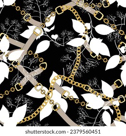 leaves seamless pattern on black background