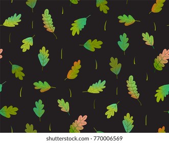 Leaves seamless pattern on black background. Colorful hand drawn foliage seamless wallpaper.Vector illustration.