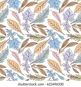 Leaves seamless pattern in pastel colors. Vector background.