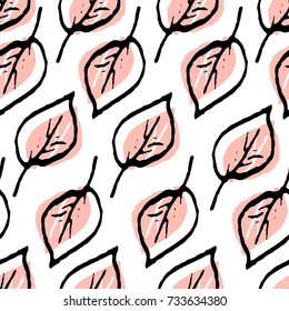 Leaves Seamless Pattern. Pastel  peach color and black. Hand Drawn backdrop for wallpaper, textile, invitations, wedding, wrapping papers, etc. Vector