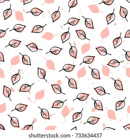 Leaves Seamless Pattern. Pastel  peach color and black. Hand Drawn backdrop for wallpaper, textile, invitations, wedding, wrapping papers, etc. Vector