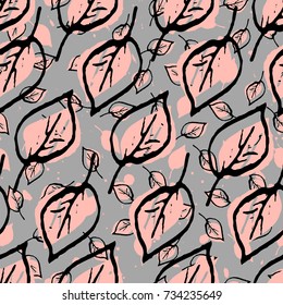 Leaves Seamless Pattern. Pastel  peach color and black. Hand Drawn backdrop for wallpaper, textile, invitations, wedding, wrapping papers, etc. Vector