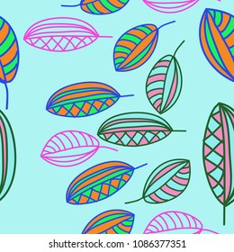 Leaves seamless  pattern , stylized, doodles,stripes. Hand drawn.