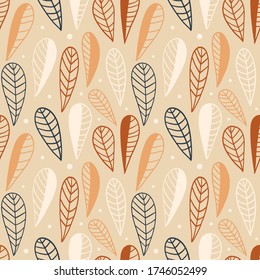 Leaves seamless pattern with tender cream coffee colors on beige background. Calm sand, brown vector autumn print for textile, apparel, fabric. EPS10, editable background picture.