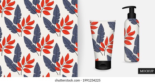 Leaves seamless pattern. Tropical background. Vector illustration in hand drawn style. Trendy repeating texture. Elegant ornament. Design cover, paper, wallpaper, fabric. Mockup.