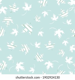 Leaves seamless pattern. Vector background with maple leaf silhouettes. Stylish abstract texture. Mint green and white color. Hand drawn art. Repeated design for print, decor, wrapping, cloth, linen