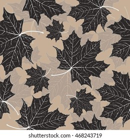 Leaves seamless pattern, vector background. Black maple leaves on a beige background. For the design of wallpaper, fabric, decoration material