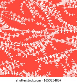 Leaves seamless pattern. Vector flat illustration of branches with leaves on red background. Bright backdrop for invitation, posters, brochure, voucher, sale and discount card design.