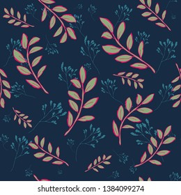 Leaves Seamless Pattern. Vector seamless pattern with graphic leaves for textile print,fabric, wallpaper, page fill, wrapping paper, web design. floral backdrop. Hand drawn. green background.