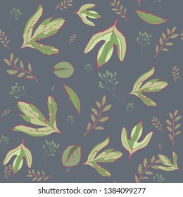 Leaves Seamless Pattern. Vector seamless pattern with graphic leaves for textile print,fabric, wallpaper, page fill, wrapping paper, web design. floral backdrop. Hand drawn. green background.