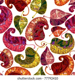 Leaves seamless pattern. Vector graphic stylized floral repeat background. Bright and multicolored, joyful and positive.