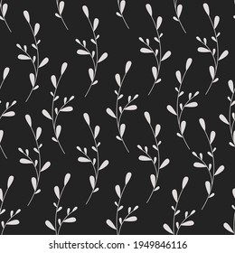 Leaves seamless pattern Vector hand drawn plant . Botanical illustration on black background. Grey silhouette. Template design Perfect for textile prints, kids design, decor, wrapping.	