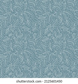 Leaves seamless pattern. Vector hand drawn illustration in simple scandinavian doodle cartoon style. Isolated white branches on a gray background.