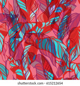 Leaves seamless pattern vector hand painting illustration. Colorful leafs with layered effect  background pink red colour.