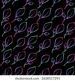 Deixa o padrão perfeito. Textura de selva tropical holográfica vetorial sobre fundo preto. Abstrato gradiente folhagem esboço impressão de verão para têxtil.