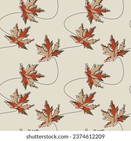 Leaves seamless pattern vector. Line continuous maple leaf icon. Floral illustration. Autumn fall botanical backdrop. Wallpaper, graphic background, fabric, textile, print, card, banner, backdrop.