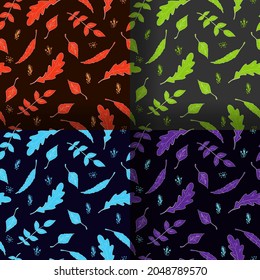 Leaves seamless patterns set. Vector repeating leaves backgrounds set in different colours. Foliage set in blue, violet, orange, green colours.