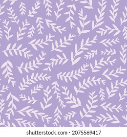 Leaves seamless repeat pattern. Random placed, vector botany plant parts all over surface print on lilac background.