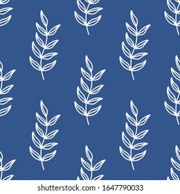 Leaves seamless repeat vector pattern.White leaves on blue background,color of the year .