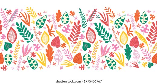 Leaves seamless vector border. Abstract autumn leaves green red yellow orange repeating pattern. Hand drawn leaf nature border. Repeating horizontal illustration for fabric trim, ribbons, Thanksgiving