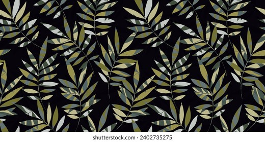 Leaves Seamless Vector Pattern. Watercolor Tropic Palm Leaves Background, Jungle Print