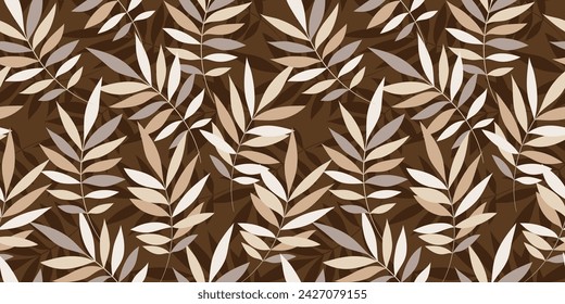 Leaves Seamless Vector Pattern. Watercolor Tropic Palm Leaves Background, Brown Jungle Print