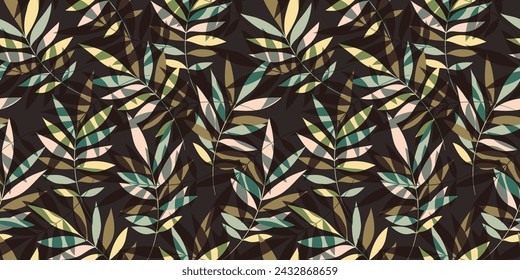 Leaves Seamless Vector Pattern. Watercolor Tropic Palm Leaves Background, Brown Jungle Print