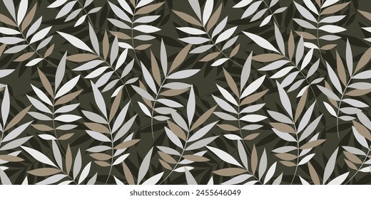 Leaves Seamless Vector Pattern. Watercolor Tropic Palm Leaves Background, Brown Jungle Print