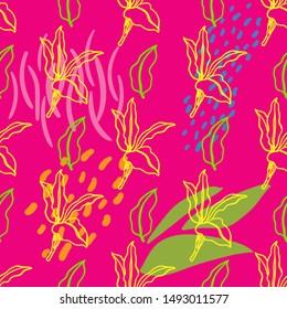 Leaves Seamless Vector Pattern. Yellow, green, orange, blue and pink background.