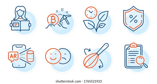 Leaves, Search analysis and Bitcoin mining signs. Woman read, Augmented reality and Loan percent line icons set. Cooking whisk, Like symbols. Girl studying, Phone simulation. Business set. Vector