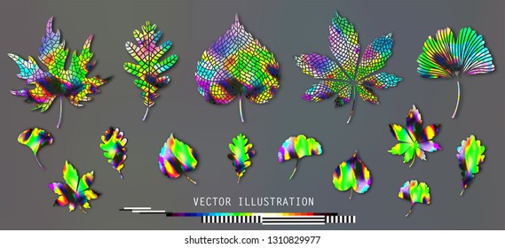 Leaves set, holographic ginkgo biloba, oak, linden, chestnut  Vector colorful isolated and silhouette objects. Multicolored  gradient vibrant trendy  rainbow foil cosmic colorful bright vivid texture