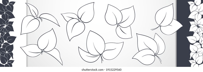 Las hojas están aisladas en un fondo blanco. contorno negro dibujado a mano con fondo blanco, varias formas, borde de silueta. Ilustración vectorial de la rama floral rosa con hojas, colección de diseño de línea.