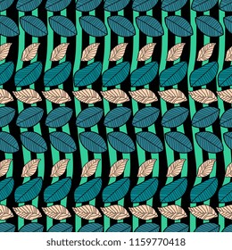 Leaves shading reflection on the light blue and black choppy background seamless pattern