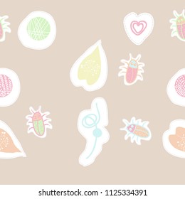 leaves and shapes, beetles, dashed lines, tags seamless pattern. Hand drawn.
