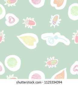 leaves and shapes, beetles, dashed lines, tags seamless pattern. Hand drawn.

