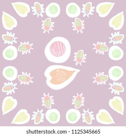 leaves and shapes, beetles, dashed lines, tags pattern. Hand drawn.
