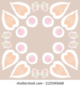 leaves and shapes, beetles, dashed lines, tags pattern. Hand drawn.
