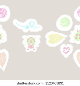 leaves and shapes, bugs, dashed lines, tags  seamless pattern. Hand drawn.
