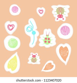 leaves and shapes, bugs, dashed lines, tags pattern. Hand drawn.
