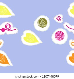 leaves and shapes, dashed lines, tags  seamless pattern. Hand drawn.