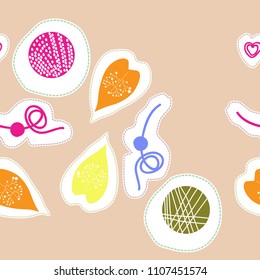 leaves and shapes, dashed lines, tags pattern. Hand drawn.