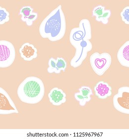 leaves and shapes,floral theme,bells, dashed lines, tags seamless  pattern. Hand drawn.
