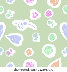 leaves and shapes,floral theme,bells, dashed lines, tags seamless  pattern. Hand drawn.
